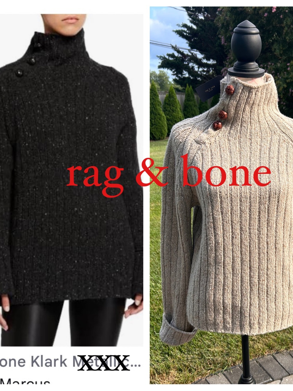 NWT rag & bone Klark Chunky Ribbed Leather Braid ButtonTurtleneck Sweater